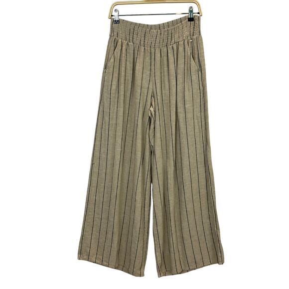 Maurice’s Wide Leg Linen Blend Striped Pants Women M Oatmeal Navy Elastic Waist - Picture 1 of 10